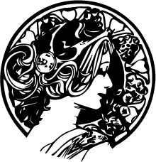 Illustration d'un profil féminin avec des fleurs, style art nouveau, mettant en valeur des détails floraux et une silhouette élégante.