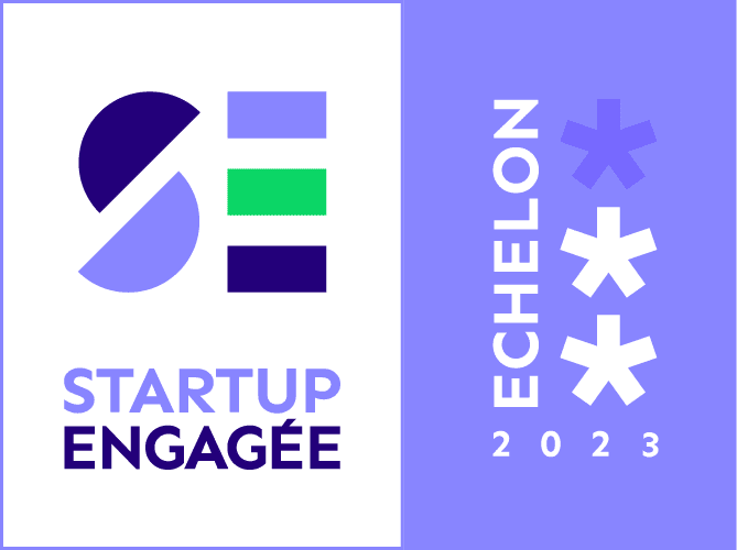 Logo de la Startup Engagée Échelon 2023, incluant des éléments graphiques colorés et modernes pour représenter l'innovation et l'engagement.