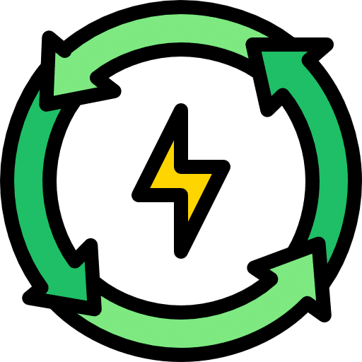 Icône représentant le recyclage de l'énergie avec des flèches vertes et un éclair jaune au centre, symbolisant la durabilité et l'énergie renouvelable.