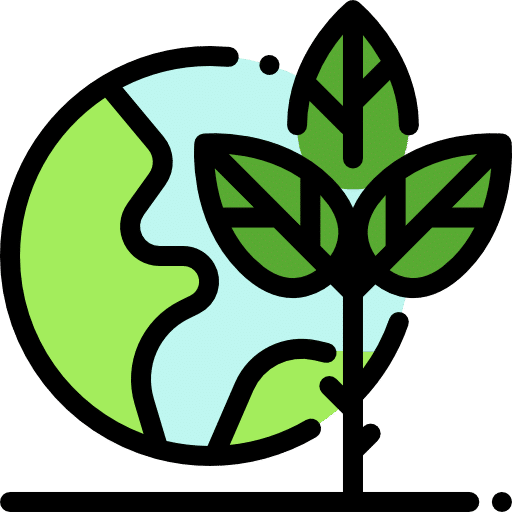 Icône représentant un globe terrestre avec une plante verte, symbolisant la durabilité et la protection de l'environnement.