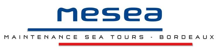 Logo de Mesea représentant des tours maritimes à Bordeaux, avec un design moderne et des couleurs bleu, rouge et noir.