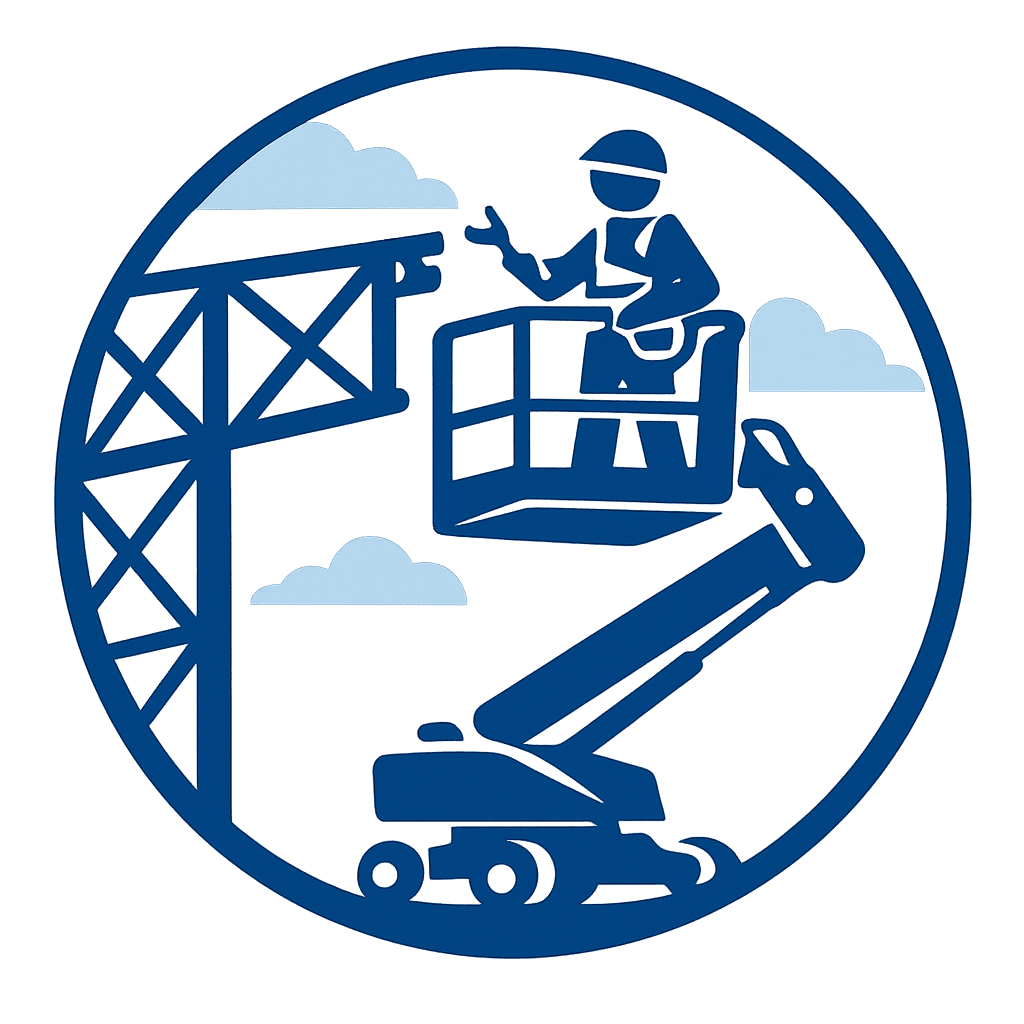 travaux en hauteur Nacelle élévatrice vue de dessous, avec un ciel nuageux en arrière-plan. Art of Roof